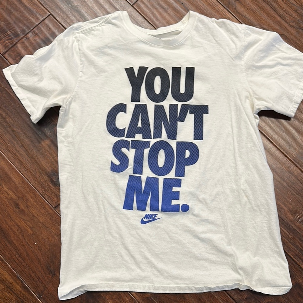 Nike White and Blue Short Sleeve athletic cut Tee Sz L